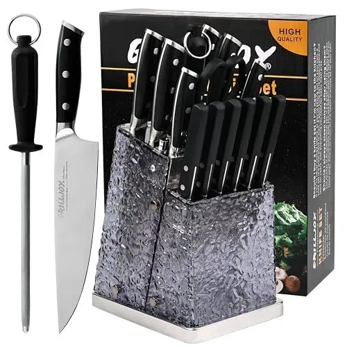 Produktbild: grilljoy Messerblock mit Messer, 15 teilig Profi Küchenmesser Set, Messer Set mit Hochkohlenstoffstahl für Heimköche, Messerset mit 12 Scharfe Messer, Küchenschere, Schleifstäbe, Messerblock