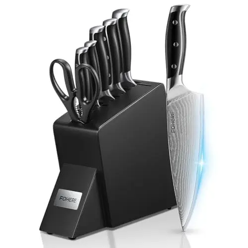 Produktbild: Messerblock mit Messer, FOHERE 7-TLG Damastmesser Küchenmesser, Japanisches Damaststahl VG-10, Rutschfest und Dreifach Vernieteten Griff für Damast Küchenmesserset, Schwarz