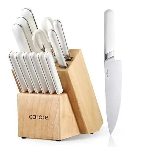 Produktbild: Messerblocksets Carote Gourmet Selbstschärfender Messerblock Set 14-teilig, Messer und Schere aus rostfreiem Edelstahl/Kunststoff-Griff, Holzblock Esche, Profi Scharf Küchenmesserset