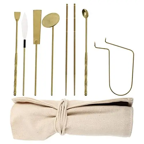 Produktbild: Housoutil Messing Weihrauch Machen Kit, 7 Stücke Messing Weihrauch Kit, Golden Weihrauch Die Kit Räucherstäbchen Löffel Presseschaufelbürste Für DIY- Duft- Zubehör
