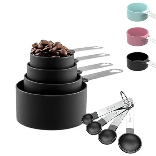Produktbild: Messlöffel Set 8 Stück Kunststoff Messbecher,Messbecher Set Edelstahl für Messen Flüssigkeiten Feststoffe mit 4 Measuring Cups und 4 Löffel,Messwerkzeug von Küchen,Dosierlöffel für Backmessen Schwarz