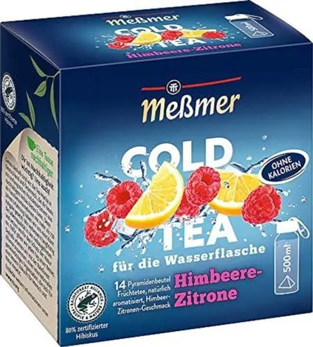 Produktbild: Meßmer Cold Tea Himbeere-Zitrone| Für die Wasserflasche | ohne Zucker | ohne Kalorien | Alternative zu zuckerhaltigen Getränken wie Limonade oder Saft | 14 Pyramidenbeutel