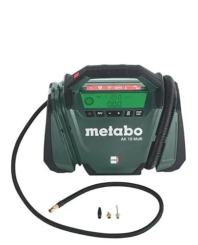 Produktbild: metabo Akku-Kompressor AK 18 Multi - 18 V, 11 bar, 16 l/min - Vielseitig einsetzbar, für Auto- und Fahrradreifen, Bälle, Luftmatratzen, mit LED-Licht und 12V KFZ-Kabel - Ohne Akku und Ladegerät