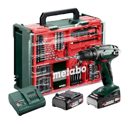 Produktbild: metabo Akku-Bohrschrauber BS 18 Set - 18 V, 74-tlg. Mobile Werkstatt - Schnellspannbohrfutter, Gürtelhaken, LED-Arbeitslicht - Inkl. 2 x Akku LiPOWER (2.0 Ah), Ladegerät und Kunststoffkoffer