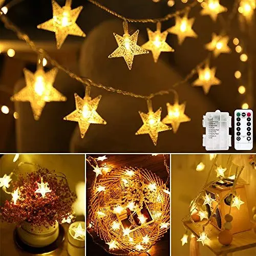 Produktbild: Metaku Lichterkette LED Lichterkette Sterne Batterie 6M 40LED Sterne Warmweiß Lichterkette mit Fernbedienung 8 Modi Wasserdicht Außen Innen Weihnachten Lichterketten für Zimmer Party Garten DIY Deko