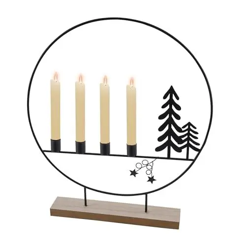 Produktbild: Metall Advents Kerzenständer Ring schwarz mit Schattenbild - 46 cm - Kerzenleuchter für 4 Stabkerzen mit Tannen Silhouetten - Tafelkerzen Halter Deko Aufsteller für Weihnachten