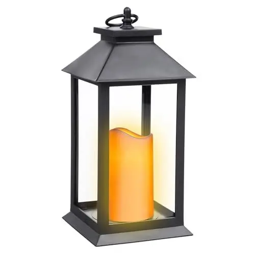 Produktbild: Metall Laterne schwarz mit LED Kerze mit Flacker Effekt - 30 x 14 cm - Deko Leuchte mit künstlichem Kerzenflackern Batterie betrieben - Weihnachten Advent Winter Tischlaterne Dekolampe Stimmungslicht
