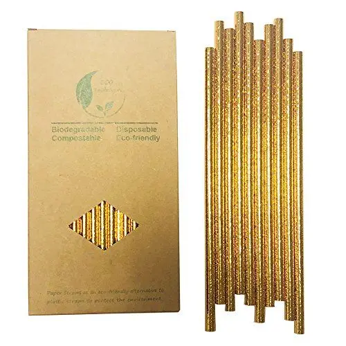 Produktbild: Metallic Golden Papier Strohhalme, 100 Stück Gold Papier Strohhalme Einweg Trinkhalme Bulk für Trinken, Cocktail, Cake Pops, Party, Hochzeit, Bars und Restaurants
