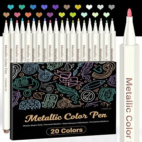 Produktbild: Metallic Marker Pens, 20 Farben Metallic Stifte für Fotoalbum Schwarze Seiten Gästebuch Hochzeit Bullet Journal Fotobuch Explosionsbox, 1mm Feine Maker Stift Glas Holz Stein Ostereier Ostern Basteln