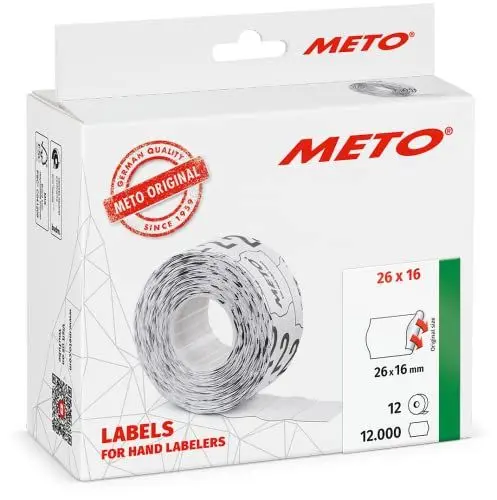 Produktbild: Meto Etiketten für Handauszeichner (26 x 16 mm, 2-zeilig, 12.000 Stück, weiß, permanent haftend, für METO, Contact, Sato, Avery, Tovel, Samark etc.)