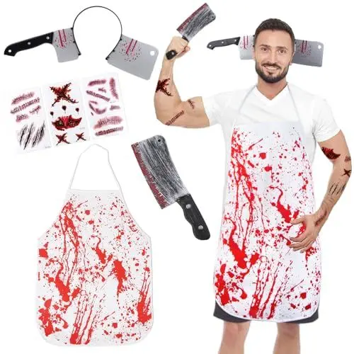 Produktbild: Metzger Kostüm Halloween, Schlächter Kostüm Halloween, Blutige Schürze Halloween, Halloween Kostüm Herren Horror Erwachsene Teenager, Blutiger Hackbeil Kostüm mit Halloween Narben Tattoos Haarband