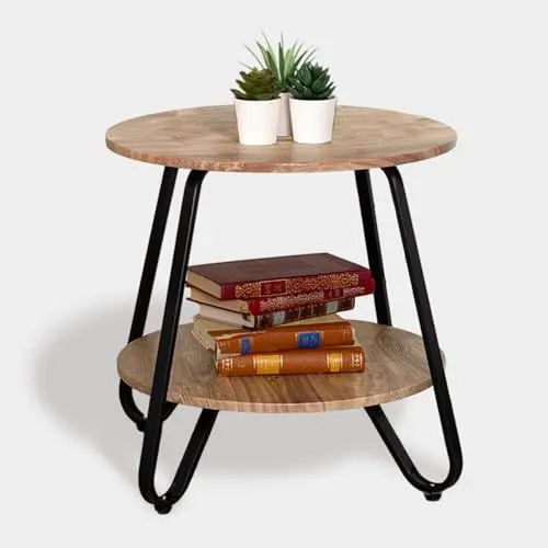 Produktbild: MEUBLE COSY Beistelltische Couchtisch Rund Nachttisch Wohnzimmertisch Sofatisch mit Ablageboden für Wohnzimmer Schlafzimmer, Industrie Design, Metallgestell, Eiche, Holz, 46x46x45cm