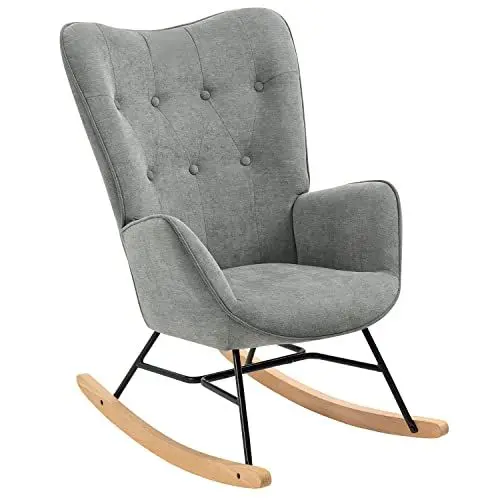 Produktbild: MEUBLE COSY Schaukelstuhl Sessel Schaukelsessel Stillstuhl Schwingstuhl mit Armlehnen Gepolsterter Sitzfläche für Wohnzimmer Schlafzimmer, Balkon, Stoff und Holzkufen, Bis 120 kg Belastbar, Grau