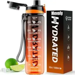 Produktbild: Mevoly Trinkflasche, 1L Wasserflasche Auslaufsicher BPA-Frei aus Tritan, 1 Liter Trinkflasche Sport mit Zeitmarkierung und Abnehmbare Schnürung, Flasche für Fitnessstudio, Oudoor, Gym, Schule