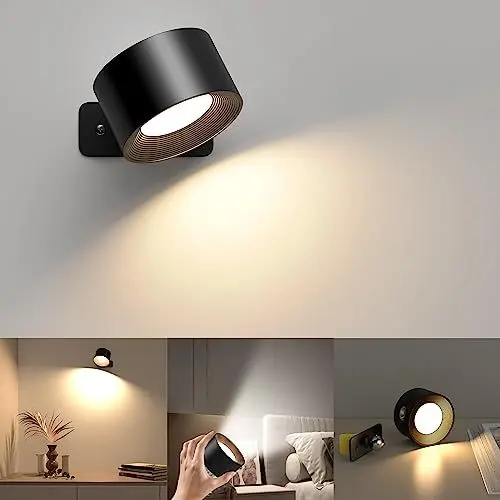 Produktbild: Mexllex LED Wandleuchte Innen, 3 Helligkeitsstufen 3 Farbmodi, 360° Drehbare Touch Control Wandlampen, LED Dimmbar für Wohnzimmer Schlafzimmer Flur Kabellose Wandleuchten Treppenhaus(Schwarz)