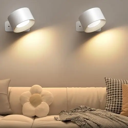 Produktbild: Mexllex Wandleuchte Innen 2 Stück, Wandlampe mit USB-Aufladung, 3 Farbe und 3 Helligkeitsstufen LED Wandleuchte Innen 360° Drehbare Touch Control Wandlampen Kabellose Wandleuchten (Weiss)