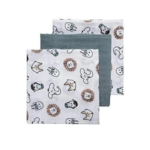 Produktbild: Meyco 452019 Mull/Musselin Windel 3er Set, 70x70cm ANIMAL-UNI Stone Green-Weiss