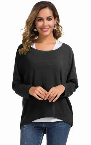 Produktbild: Meyison Damen Lose Asymmetrisch Sweatshirt Pullover Bluse Oberteile Oversized Tops T-Shirt, XXL, Schwarz B