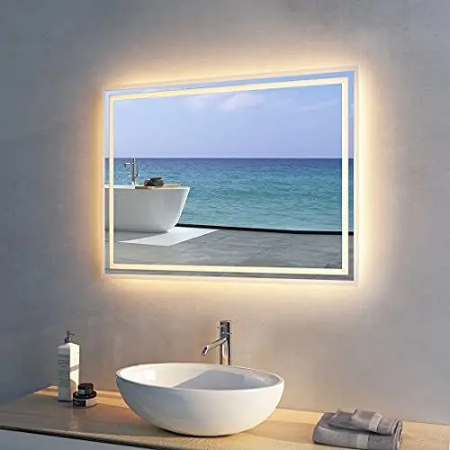 Produktbild: Meykoers Badezimmerspiegel mit Beleuchtung 80x60cm LED Badspiegel Warmweißes Licht Spiegel Wandspiegel, Wandschalter Badspiegel