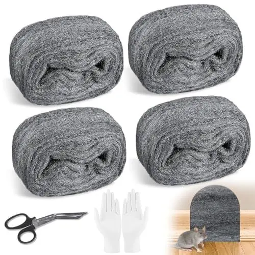Produktbild: MeYuxg 4 Stück 5m Stahlwolle Gegen Mäuse, Effektive Rattensichere Stahlwolle für Löcher und Wand Risse von Haus,Garten, zum Reinigen und Polieren von Stahlwolle Fein, mit Handschuhen