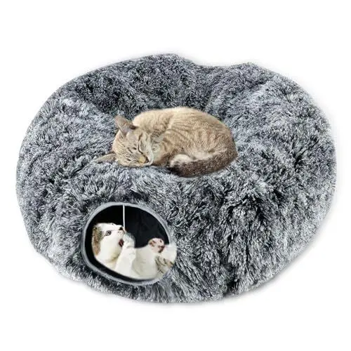 Produktbild: Mfsdai Plüsch Katzentunnel mit Katzenbett,Multifunktionales Katzenspielzeug Katzentunnelbett mit Hängenden Ball und Guckloch für Kleine Mittlere und Große Katzen(Tie Dye Dunkelgrau)