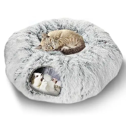 Produktbild: Mfsdai Katzentunnel große Katzenspielzeug mit Plüsch Katze Bett Multifunktionales Katzenspielzeug Katzentunnelbett mit Hängenden Ball und Guckloch für Kaninchen Frettchen