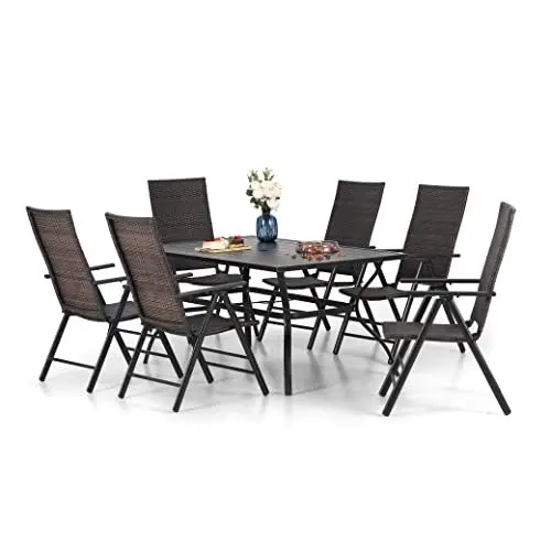 Produktbild: MFSTUDIO Rattan Gartenmöbel Set, Terassenmöbel Außen, Rechteckiger Gartentisch mit Verstellbarem Schirmloch(4-5cm), Gartentisch mit 6 Stühlen