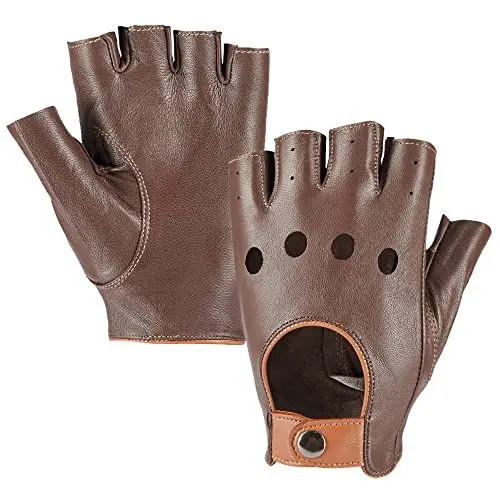 Produktbild: MGGMOKAY Fingerlose Herren Half Finger Autofahrer Handschuhe aus Leder,BraunKamel,S