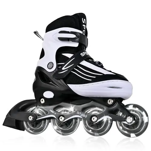 Produktbild: MGYZM Inliner für Kinder, größenverstellbare Inline Skates für Kinder, Erwachsene Mädchen und Jungen Inline Skates, Rollschuhe für drinnen und draußen, Schwarz und Weiß (Medium)
