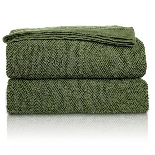 Produktbild: MH MYLUNE HOME Baumwolldecke Strickdecke Öko-Tex 150x200cm Kuscheldecke 100% Baumwolle Sofadecke Wohndecke Gehäkelte Decke Cotton Knitted Blanket-Olivgrün 150 x 200cm