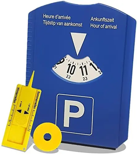 Produktbild: M&H-24 Parkscheibe Auto Parkuhr mit Eiskratzer - Parkscheiben mit Reifenprofilmesser und Einkaufswagenchip | Parking Disc aus Kunststoff