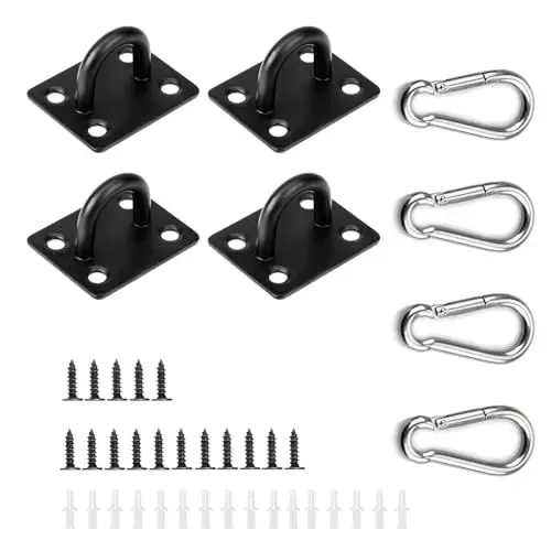Produktbild: MHYMX Augplatte Edelstahl, 4 Stück Augplatte mit Öse Deckenhaken Schwarz Wandöse mit Karabiner Groß Ösenplatte 37 X 46 mm Befestigungshaken für Markisen Wandhaken Hängematten Deckenbefestigung