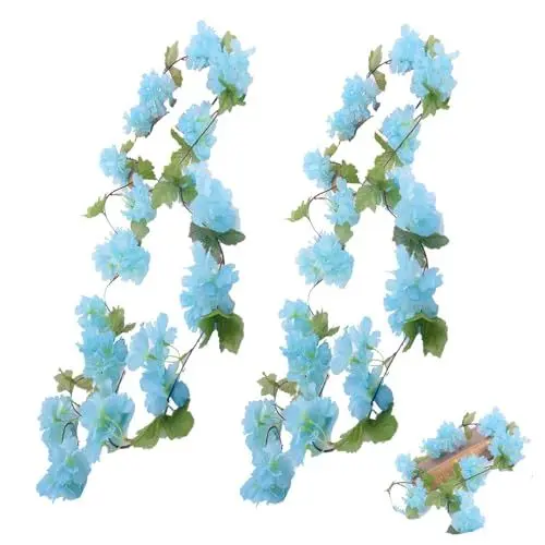 Produktbild: MHYMX Kirschblüten Deko, 2 Stück Künstliche Blumengirlande Blau Kirschblüten Girlande 2,4M Frühling Kunstblumen Deko Wie Echt Hängend Seidenblumen für Hochzeit Wand Deko