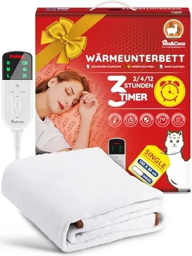 Produktbild: Mia&Coco Heizdecke mit Abschaltautomatik, 150 x 80 cm, Wärmeunterbett mit 12-Stunden-Timer und 3 Wärmestufen, LED-Anzeige, Überhitzungsschutz, Wärmedecke für Gängigen Matratzen,Maschinenwaschbar