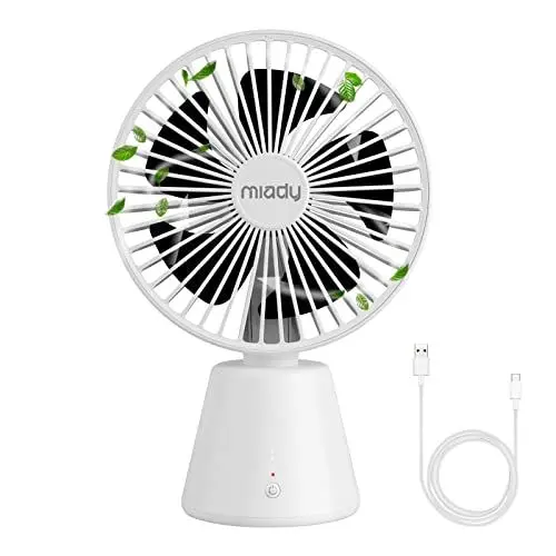 Produktbild: Miady Tischventilator Leise, 5000mAh USB Ventilator 135° Oszillation 3 Geschwindigkeiten, Typ C Wiederaufladbare Akku Mini Lüfter für Schreibtisch, Zuhause und Büro, Weiß