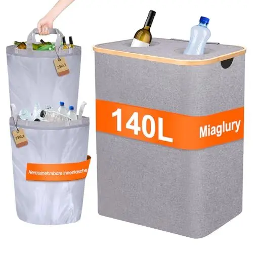 Produktbild: Miaglury 140L Pfandflaschen Sammelbehälter 2 Fächer, Pfandflaschen Aufbewahrung, Faltbar 2 XXL Tragetasche Pfandbehälter mit Loch, Leergut Sammelbehälter,Pfandflaschen Behälter mit Deckel, Grau