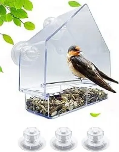Produktbild: MiaoMa Vogelfutterstation für Fenster, Extra Starke Saugnäpfe, Fensterbank, Vogelfutterspender für kleine Vögel, Acryl, klares Haus-Design mit Abnehmbarer Anzuchtschale und Ablauflöchern