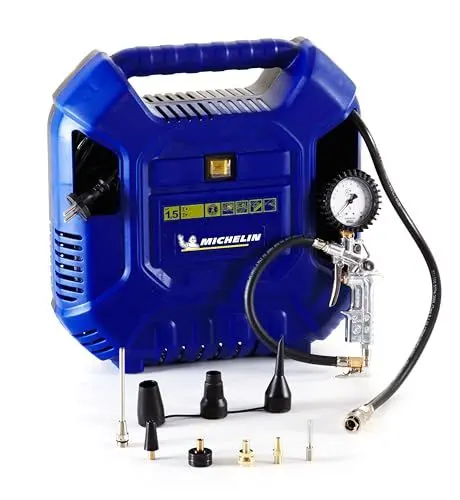 Produktbild: Michelin MB1 tragbarer Luftkompressor, ölfreier Luftkompressor mit 1 m Schlauch, Reifenfüller mit Manometer und 6 Ventiladaptern, Max. Druck 8 Bar, 1,5 PS Leistung