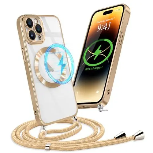 Produktbild: Micoden Handykette Hülle für iPhone 14 Pro mit Band Kompatibel mit MagSafe Kabellosem Laden Kameraschutz Vollständiger Transparent Silikon Case Kordel zum Umhängen Handyhülle Schutzhülle,Gold