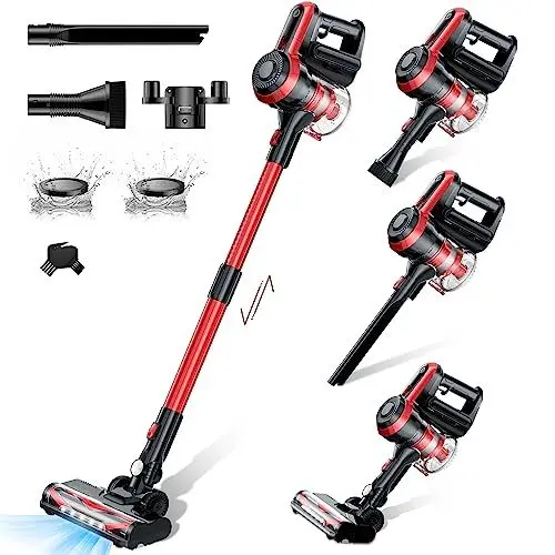 Produktbild: Micol Akku Staubsauger, 25KPa Staubsauger Kabellos, Bis zu 38 Min Akkusauger, Kabelloser Staubsauger mit 3 Lademethoden, 6-in-1 Akku Staubsauger Testsieger 2023 für Hartböden Teppich (Rot)