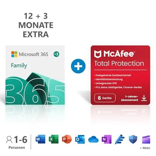 Produktbild: Microsoft 365 Family 12+3 Monate, bis zu 6 Nutzer | PC/Mac und mobile Geräte | bis zu 6 TB OneDrive Cloudspeicher | Aktivierungscode per E-Mail + McAfee Total Protection | 12 Monate| 6 Geräte
