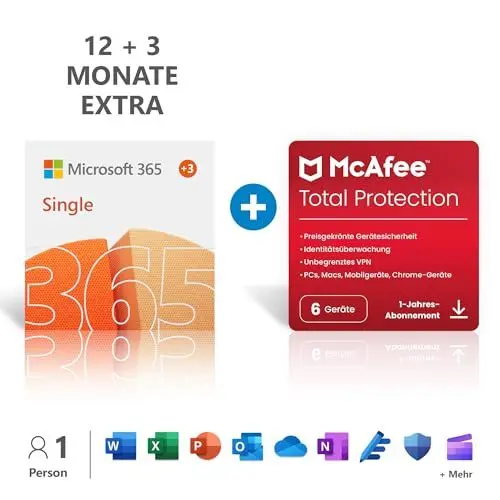 Produktbild: Microsoft 365 Single | 12+3 Monate, 1 Nutzer | PC/Mac & mobile Geräte | bis zu 6 TB OneDrive Cloudspeicher | Code per E-Mail + McAfee Total Protection |12 Monate, 6 Geräte | Download Code