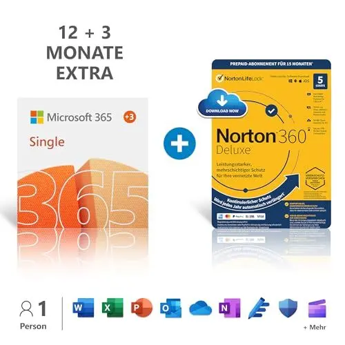 Produktbild: Microsoft 365 Single | 12+3 Monate, 1 Nutzer | PC/Mac & mobile Geräte | bis zu 6 TB OneDrive Cloudspeicher | Code per E-Mail + NORTON 360 Deluxe | 15 Monate mit automatischer Verlängerung | 5 Geräte