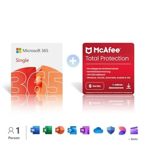 Produktbild: Microsoft 365 Single │ 1 Jahr | 1 Person │ Office Apps mit KI | 1 TB Cloudspeicher + McAfee Total Protection │ 1 Jahr | 6 Geräte │ Aktivierungscodes per E-Mail