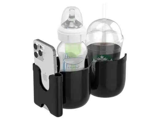 Produktbild: MC MICUS - Getränkehalter Kinderwagen 3 in 1 mit Handyhalter – Universeller Becherhalter für Kinderwagen, Buggy, Bollerwagen, Flaschenhalter, Kaffeehalter und mehr Schwarz (3-in-1 doppelbecherhalter)