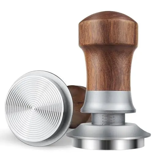 Produktbild: MICXNIC Tamper 54mm, Federbelasteter Espresso Tamper mit Self Leveling, Einstellbare Tiefe Kaffee Tamper für Sage Siebträger, Walnuss Holzgriff, Rostfreier Stahl Gewinde Basis, Silber