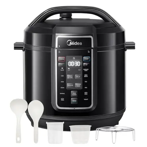 Produktbild: Midea Elektrischer Schnellkochtopf 9-in-1, 8L Multikocher 12 Voreinstellungen Instant, Joghurtbereiter, Reiskocher, Slow Cooker, Sous Vide, Dampfgarer, Nudelkocher, Edelstahl Innentopf, Schwarz