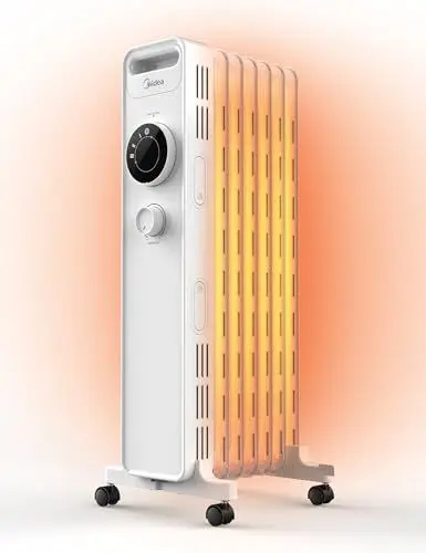 Produktbild: Midea NY1507-22M Ölradiator 1500W Energiesparend Leise, Elektroheizung mit 7 Rippen, Thermostat,3 Heizstufen, Kipp- und Überhitzungsschutz,ECO-Modus,schnell beheizbar und tragbar, weiß