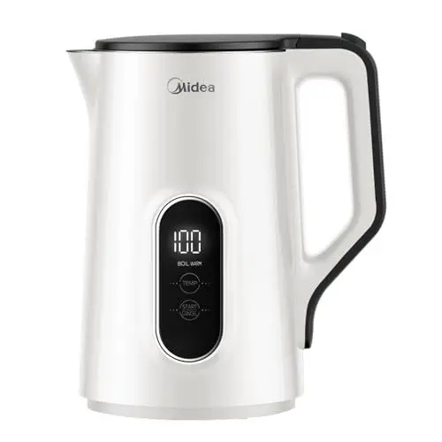 Produktbild: Midea Wasserkocher mit Temperatureinstellung 45℃-100℃, 1,5 Liter Kettle, 2200W Edelstahl Wasserkocher mit Doppelwand, Teekocher mit Temperaturanzeige und Sicherheitsfunktionen, BPA frei, Weiß