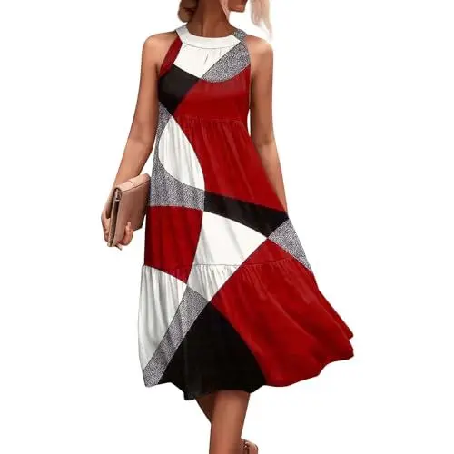 Produktbild: Midikleid Neckholder Damen Elegant Sommerkleid Damen Lang Volant Sommerkleider Damen Leicht Und Luftig Kleider Frauen Schulterfrei A-Linien Kleid Ärmellos Strandkleid Plissee Volantkleider